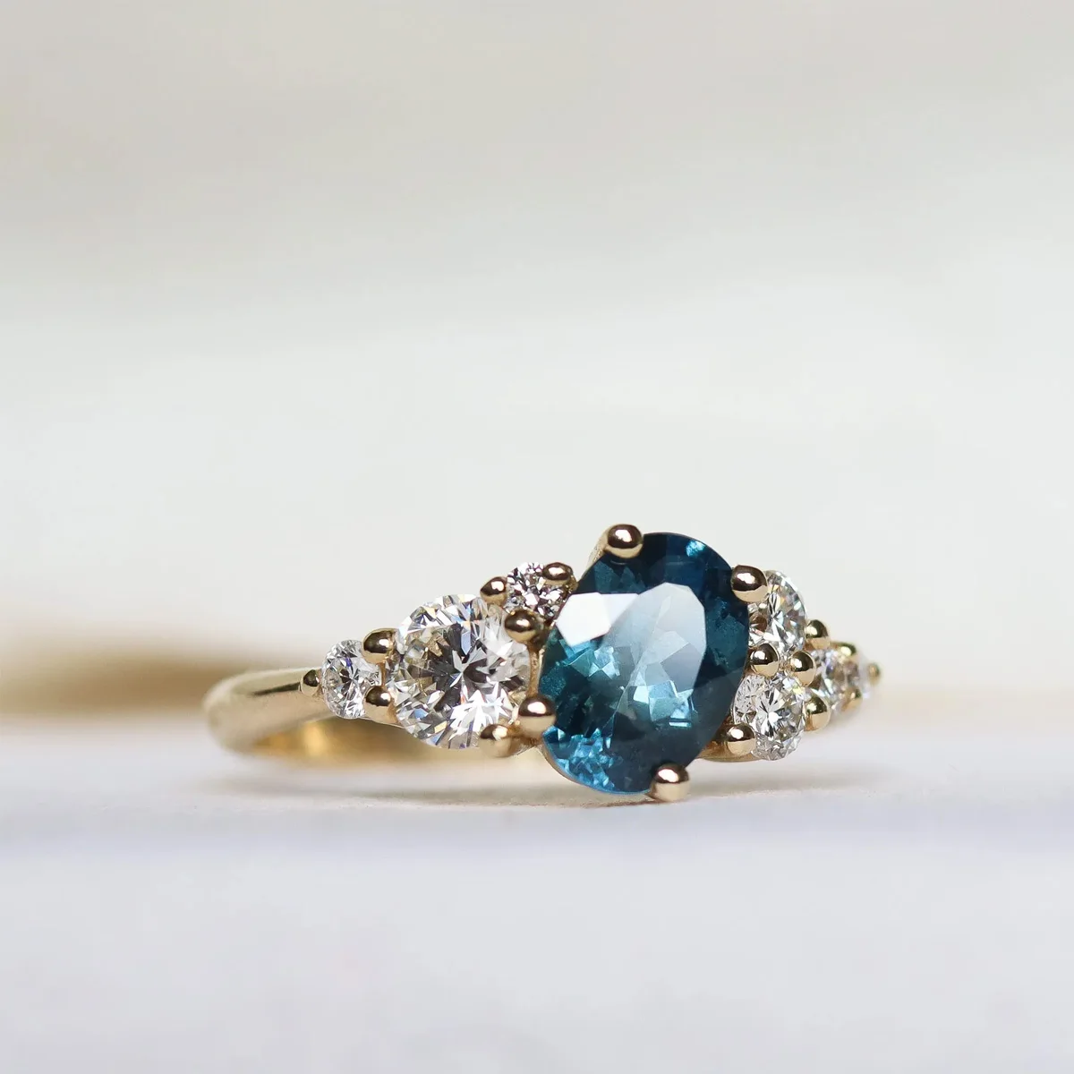 Delicate Oval Cut Lab Sapphire Ring Round Lab Diamond Ring 9K/14K/18K Yellow Gold Engagement Ring For Women Valentines Gift