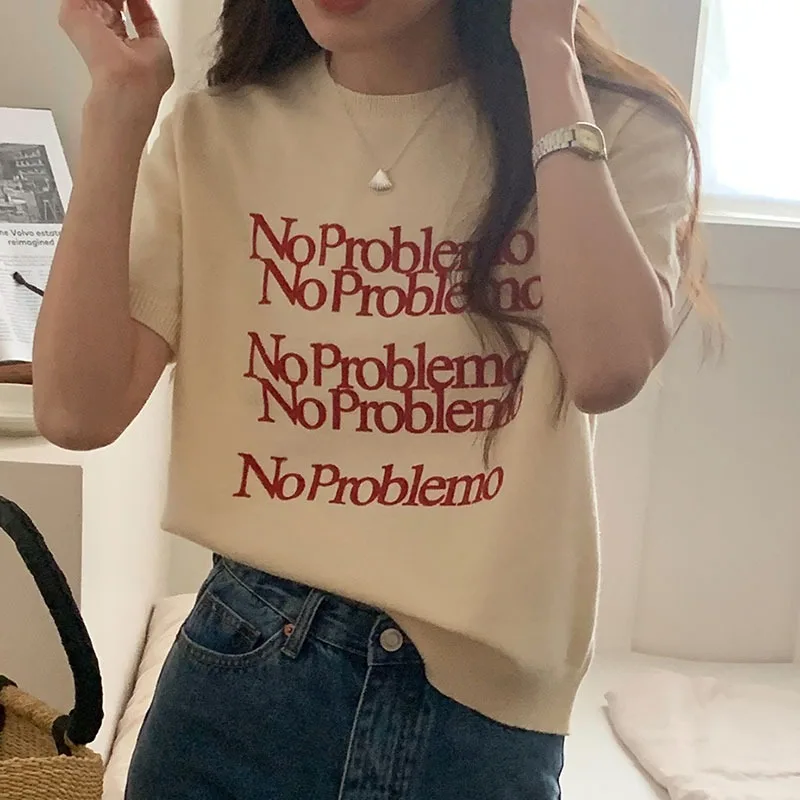 Letter Print Korean Fashion Knitted Tops Women Vintage Slim Short Sleeve T-shirts Loose O Neck Y2k Aesthetic Cropped Top Sweater