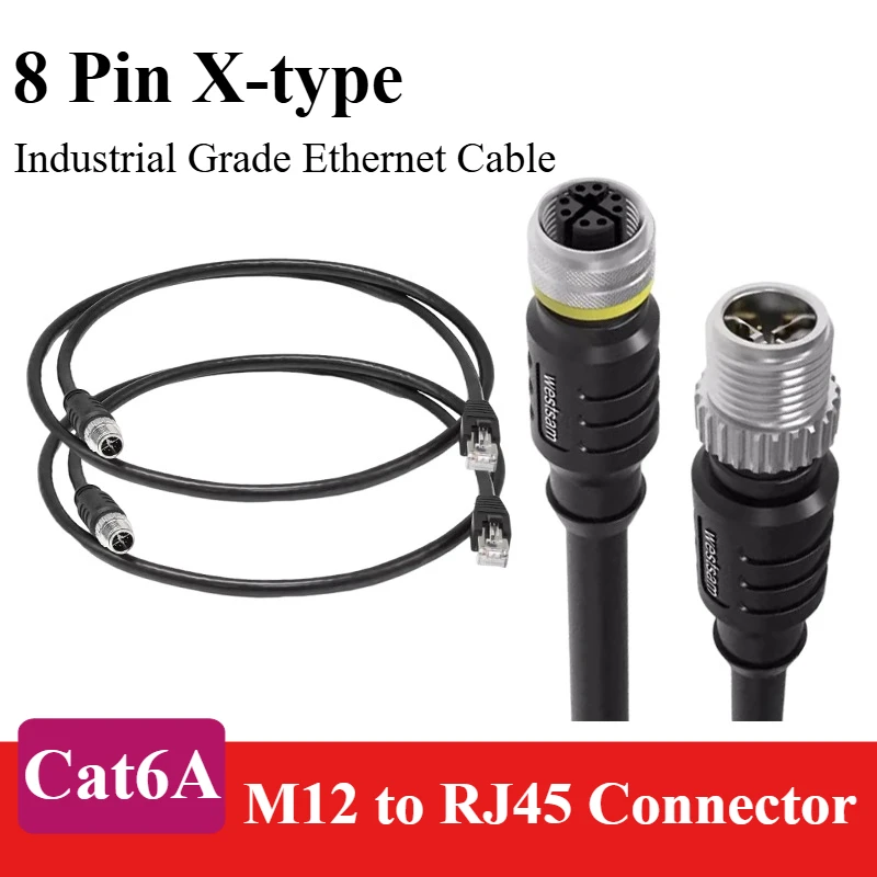 M12 to RJ45 Connector Ethernet Cable Industrial Cat6A Gigabit Data Transmission Line 1M M12 8-Pin X-type Male Female Connector