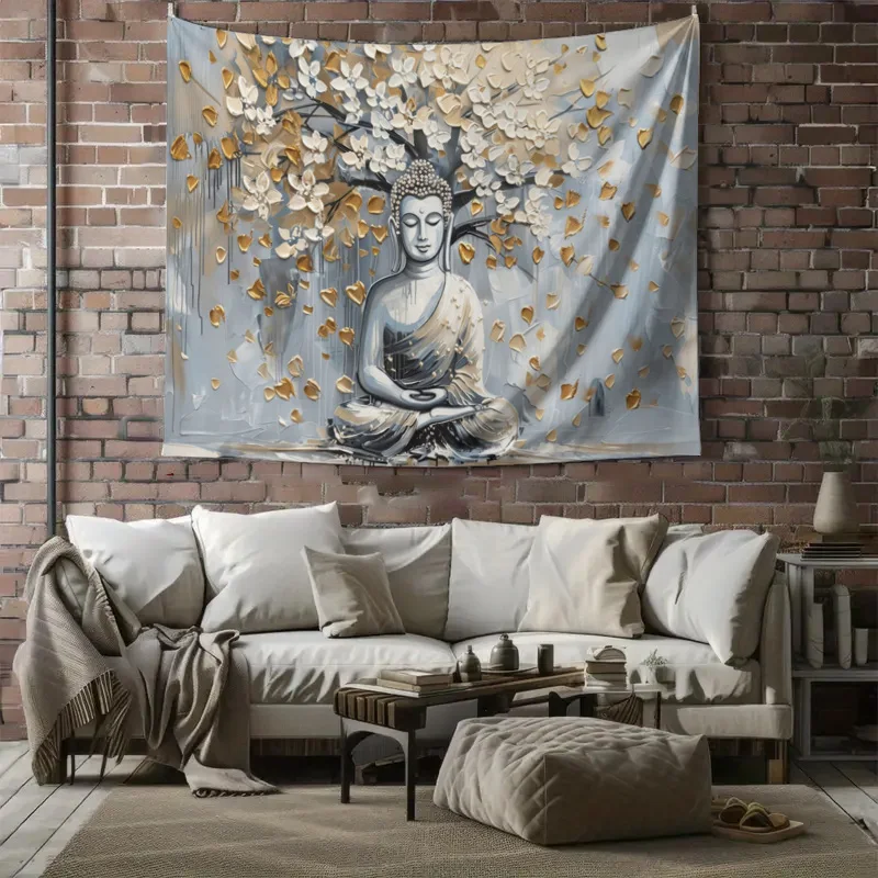 Large Buddha Tapestry Wall Hanging Art Golden Floral Zen Print Spiritual Home Decor Panel Abstract Serene Enlightenment Decor fo