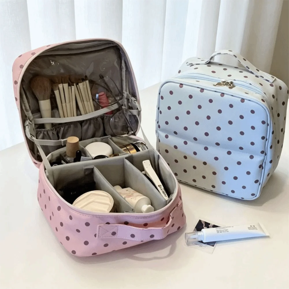 Polka Dot Handheld Makeup Bags Foldable Multi-Partition Toiletry Pouch Portable with Mirror Cosmetics Organizer