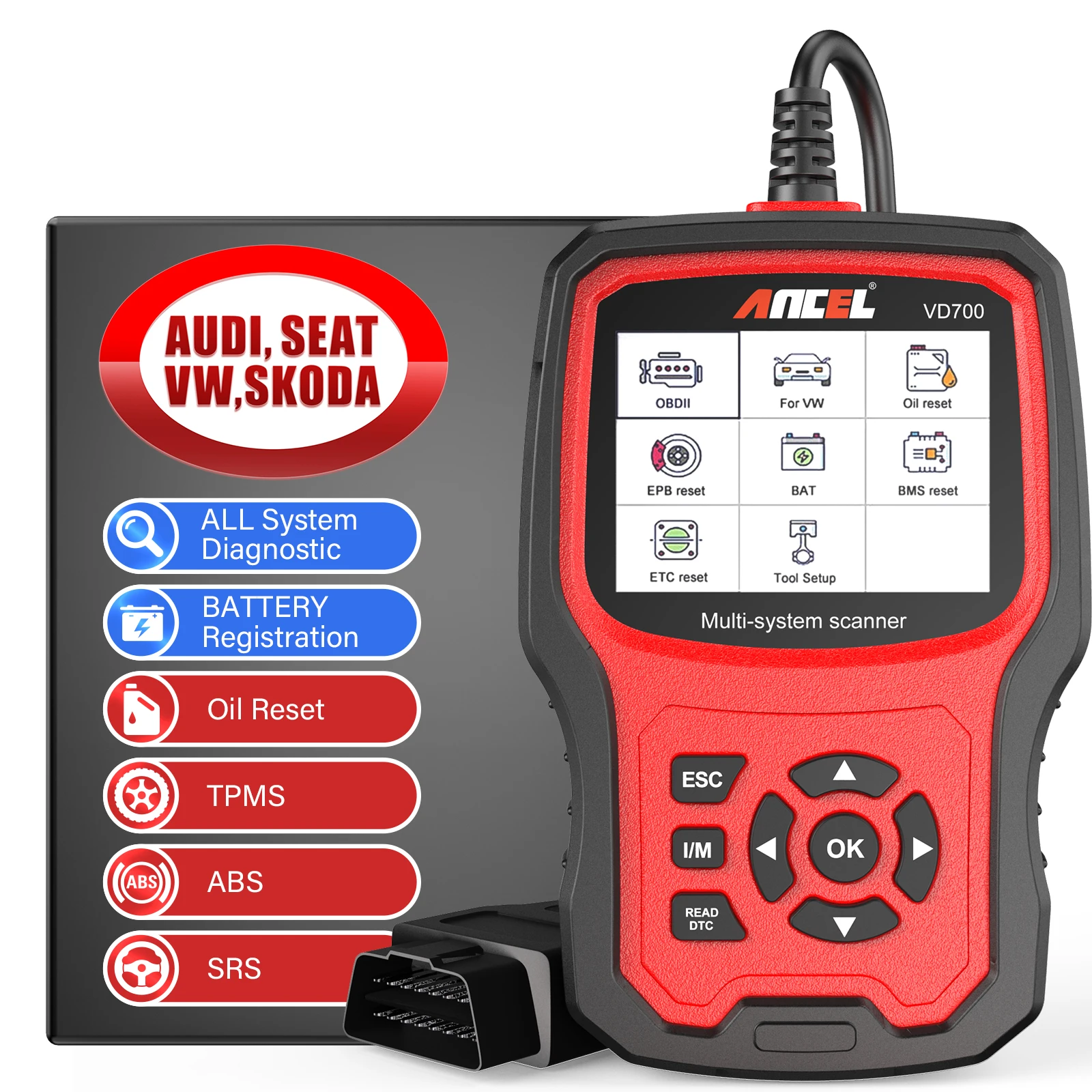 Ancel VD700 OBD2 Scanner Car Code Reader Full System Diagnostic Scan Tools EPB ABS D.PF TPMS Oil Reset for VW Audi Skoda Seat