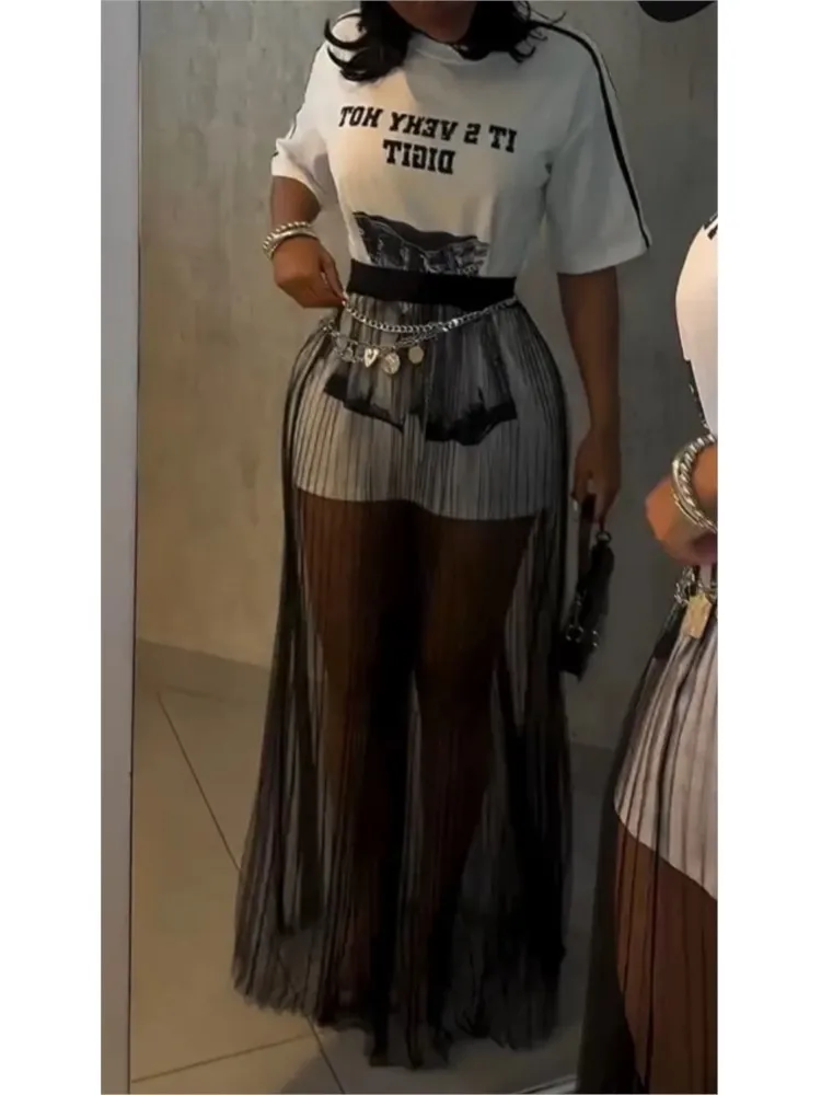 الصيف المرأة س الرقبة طباعة تي شيرت طويل + شبكة تنورة موضة عادية قطعتين مجموعة ملابس حريمي أنيقة 2 قطعة مجموعة للمرأة