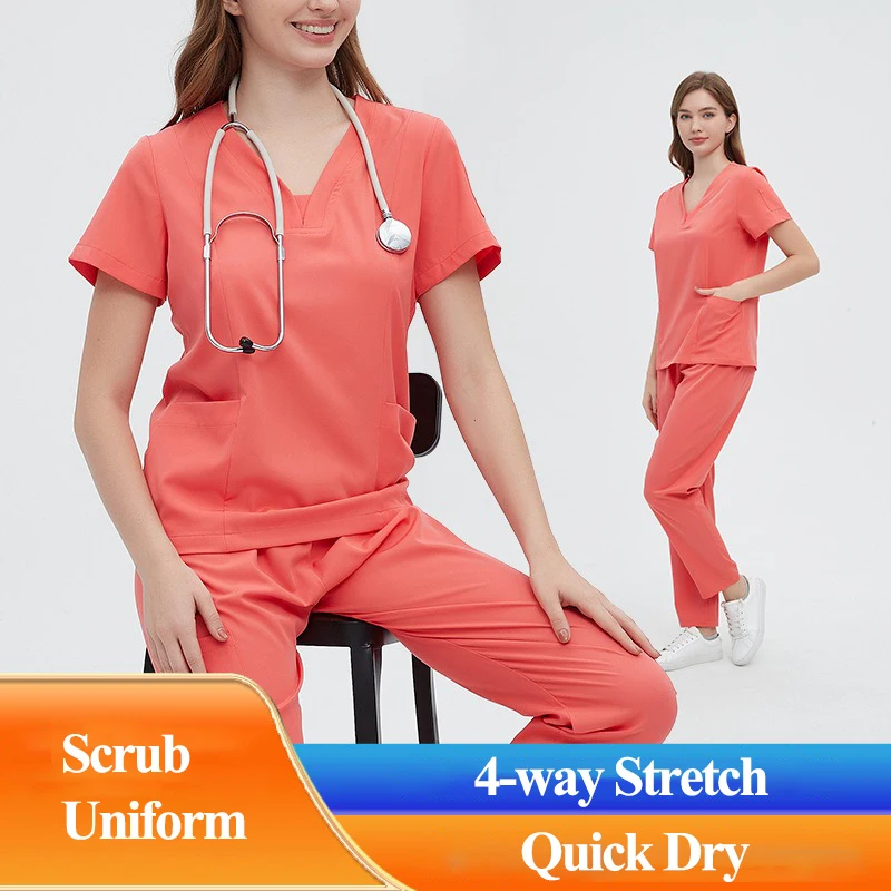 Jewel Collar Medical Scrub Uniform Solid Color Dental Clinic Nursing Sets Stretch Heathy Care Center Woking Clothes LMW008-01