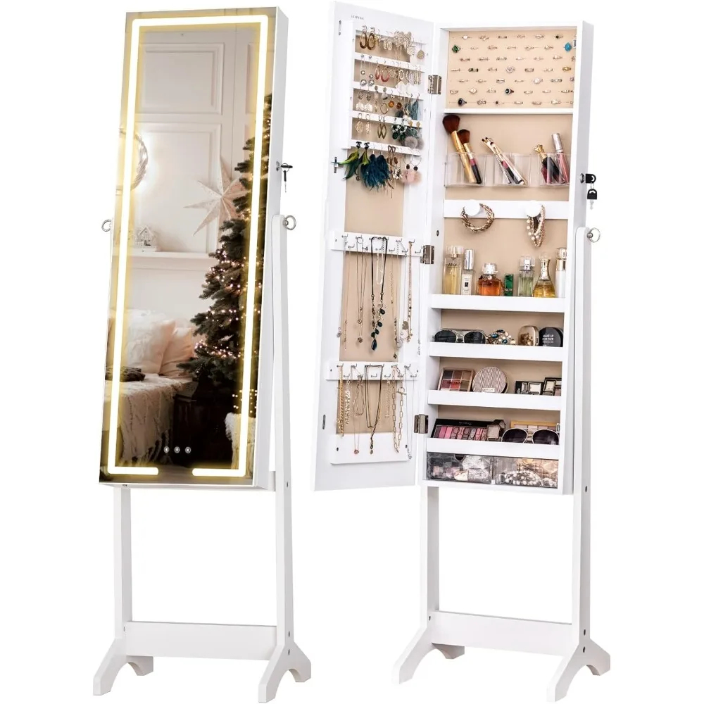 

LED Mirror Jewelry Cabinet Standing Jewelry Armoire, Full Length Mirror with Jewelrys Storage, Lockable Jewelrys Organize