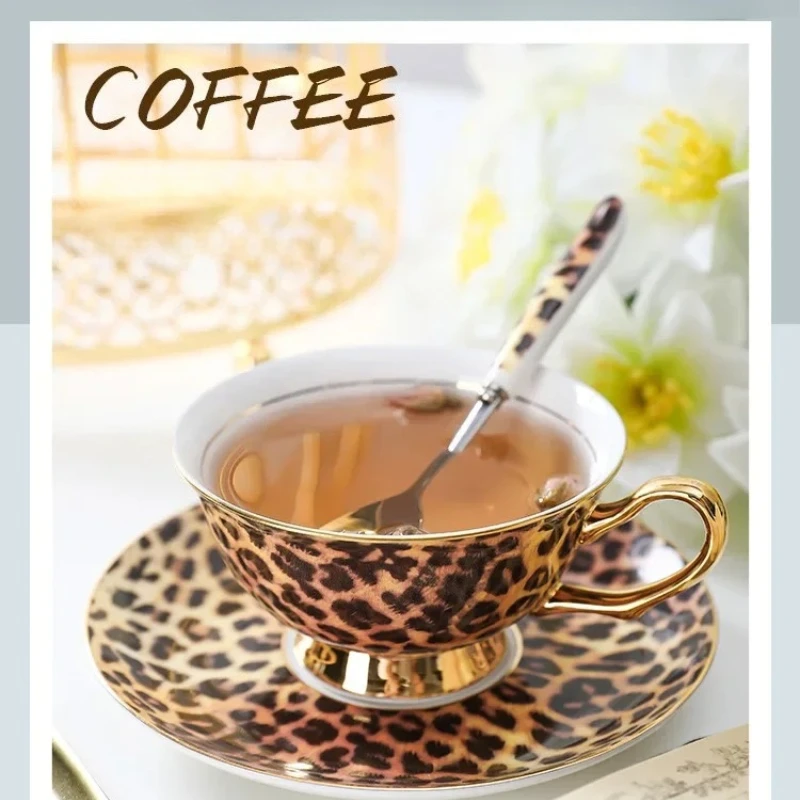 

Retro leopard print control bone china premium coffee cup European afternoon tea cup set ceramic cup and saucer gift box