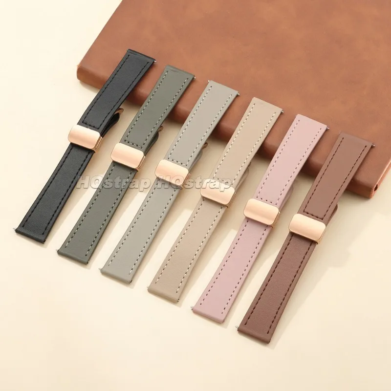 Morandi Color Leather Microfiber Watch Band 14mm 16mm 20mm 22mm Matte Smooth Cowhide Strap Square Magnetic Metal Buckle Bracelet