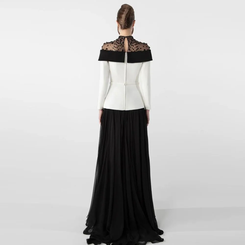 Personalizado elegante vestidos de noite crsytal gola alta mangas completas vestido de noite uma linha fora do ombro vestidos de fiesta