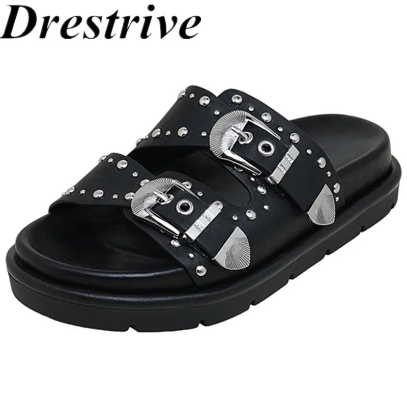 

Drestrive 2024 Fashion Women's Slippers Cow Leather Metal Buckle Flats Summer Shoes Handmade Casual Daily Low Heels