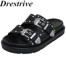 Drestrive 2024 Fashion Women's Slippers Cow Leather Metal Buckle Flats Summer Shoes Handmade Casual Daily Low Heels