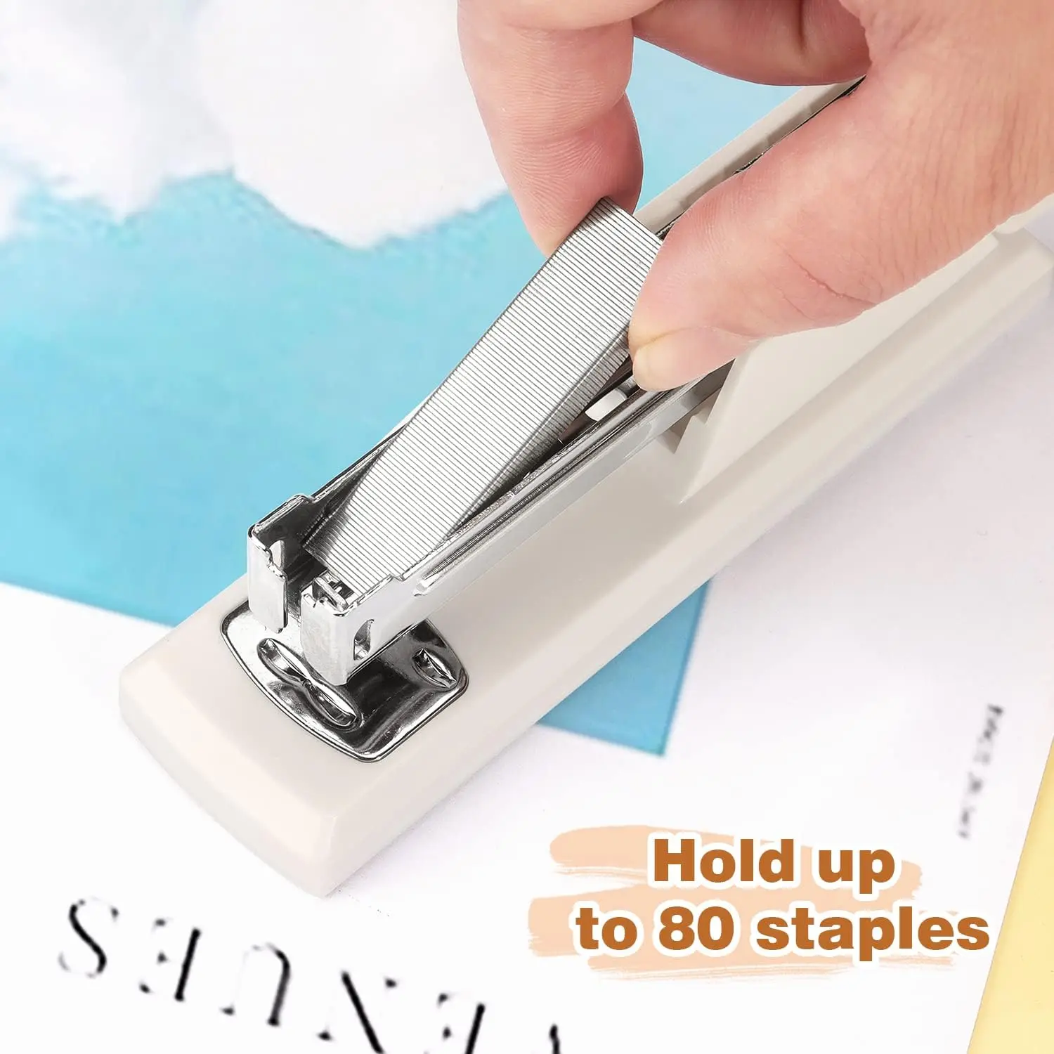 Compact White Desk Stapler, 80 Staples Capacity, Jam-Resistant & Durable for Office and Home Use