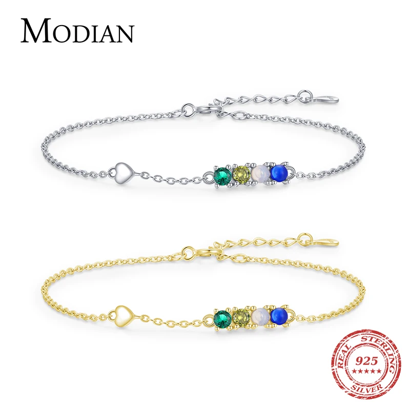 

MODIAN 925 Sterling Silver Romantic Heart Sparkling Link Chain Charm Bracelet For Women Rainbow Color Crystal Fashion Jewelry