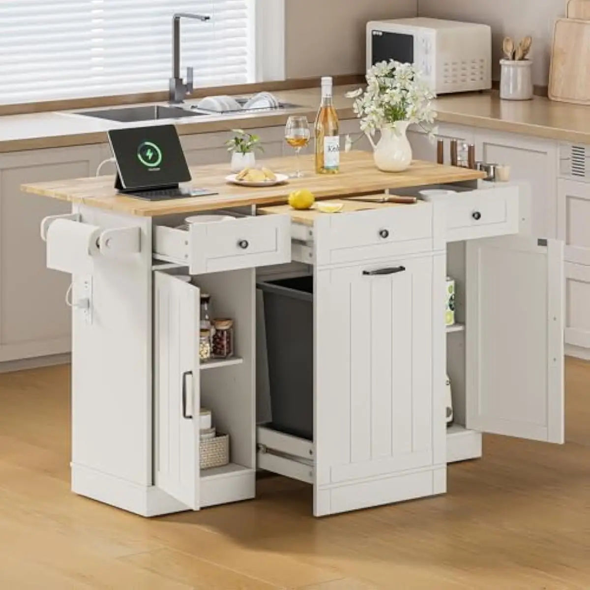 Rolling Kitchen Island with Retractable Solid Wood Drop Leaf, Integrated Slide-Out Cutting Board, Concealed Waste Compartment, D