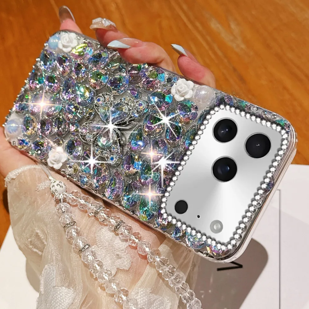 Glitzernde Schmetterling-Handyhülle mit Strass für iPhone 18 17 16 Pro Max 15 14 13 12 11 Pro Diamant-Rückseite Kristall-Lanyard – Detail 5