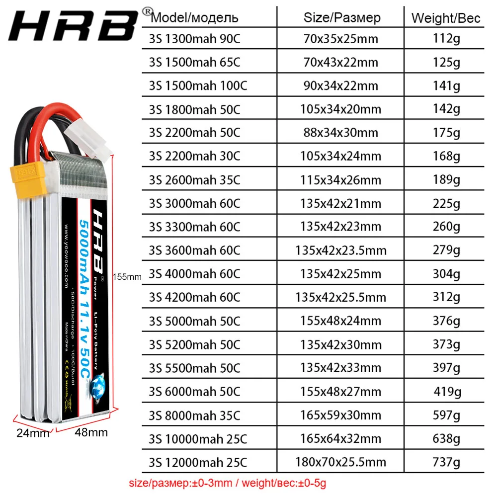 HRB 3s lipo battery 3s 11.1v 1300mah 1500mah 2200mah 4000mah 5000mah 6000mah RC Battery with XT60 plug for RC Car Drone Boat