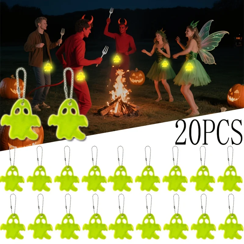 20PcsHalloween Ghost Shaped Keychain Set,Double Sided Reflective Safety Keyring,Night Party Favor Gift forBagBackpackDecoration