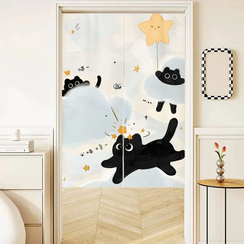 Creamy Clouds Little Black Cat Door Curtain, Easy-to-Install Cartoon-Printed Half-Door Curtain, Kitchen Divider and Home Decor