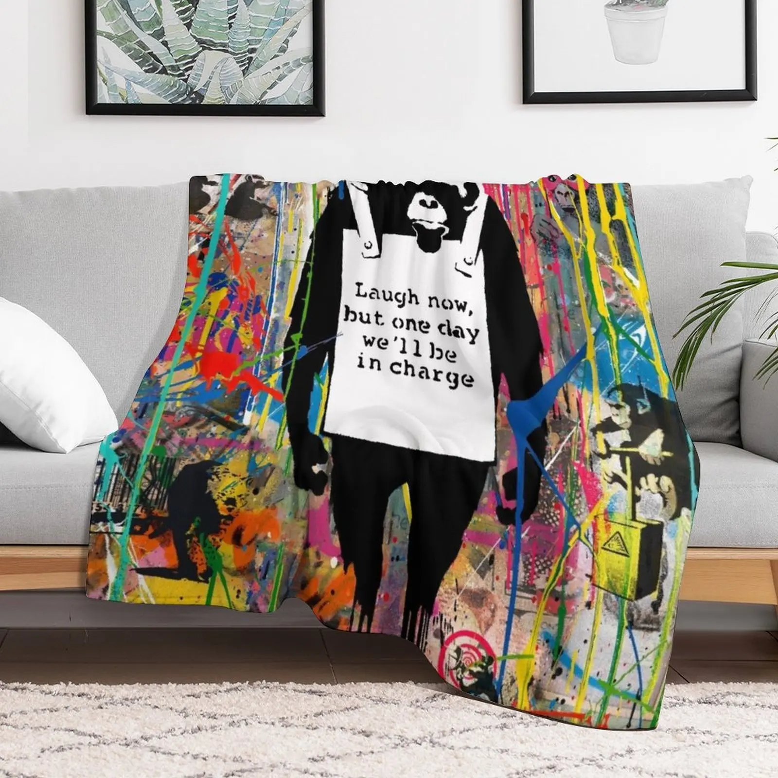 Banksy Animals Graffiti Stencil Art Collage Laugh Now Chimp Throw Blanket Ultra Soft Flannel Fleece Blanket for All Seasons