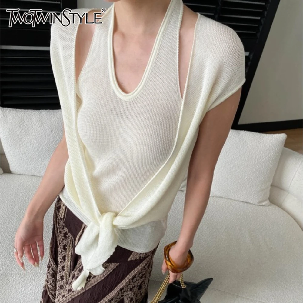 

TWOTWINSTYLE Однотонный свитер с бандажными вставками, женский, с круглым вырезом, короткий рукав, свободный крой, повседневный дизайн, женские свитера, летняя мода, новинка