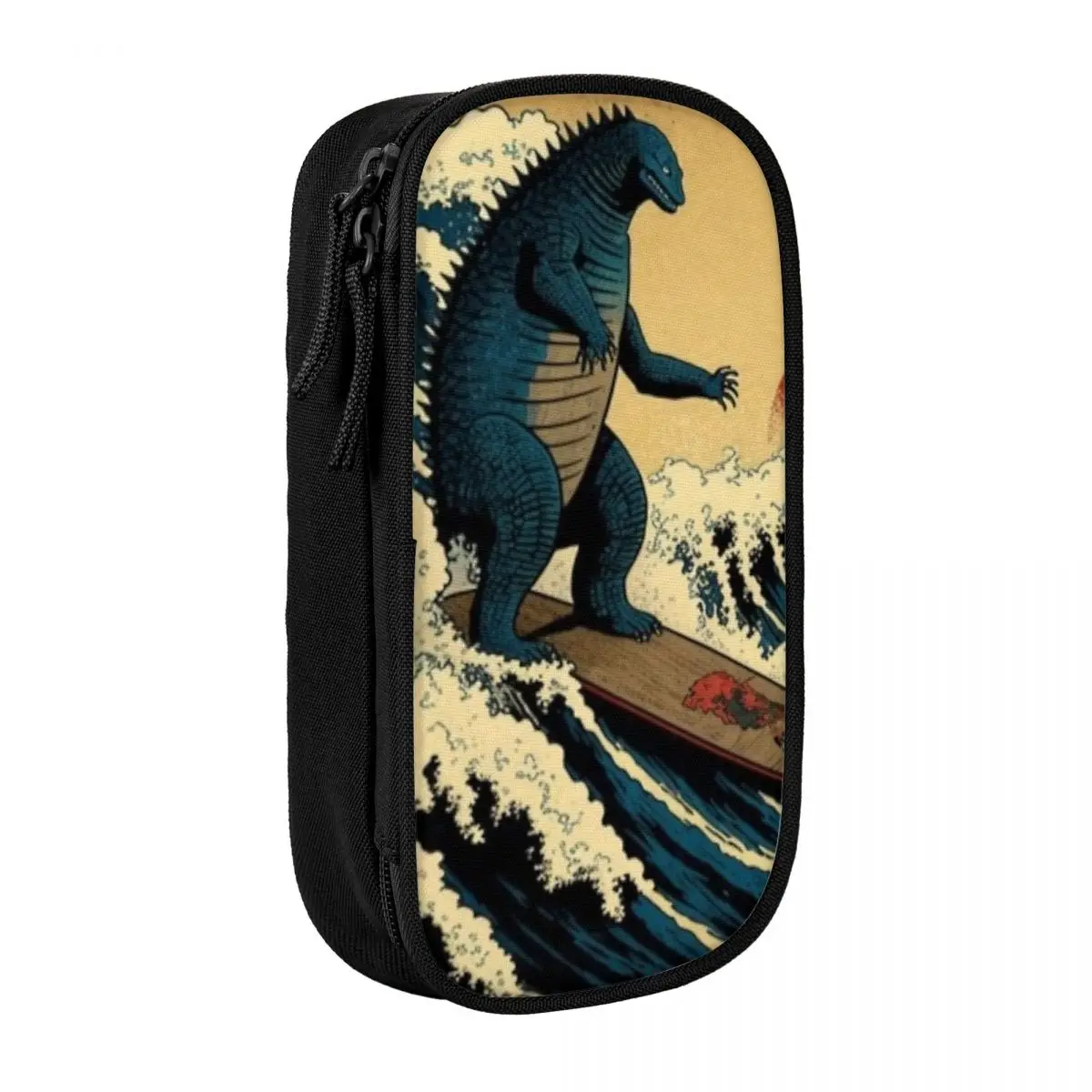 Retro japonês Godzillaed Great Wave Pencil Case, Lápis de lona para menina e menino, Lápis escolar portátil, Organizador de papelaria