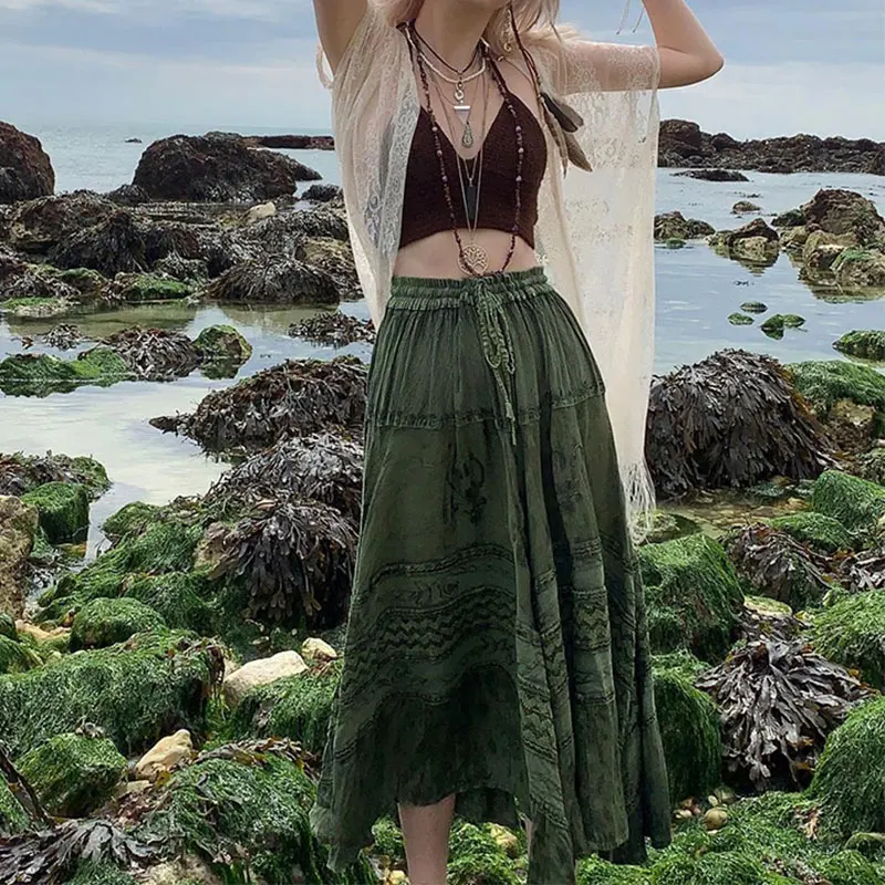

90s Vintage Boho Midi Skirts Fairycore Grunge Kawaii Bow High Waist Long Pleated Skirt Chic Women Retro Holiday Beach Streetwear