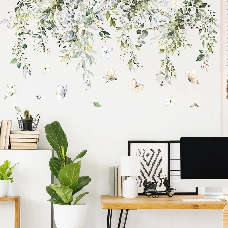 Pleasant Spring Fresh Leaf Butterfly Wall Sticker Living Room Bedroom Walls Fridge Decal Self-adhesive for Interior Decoration