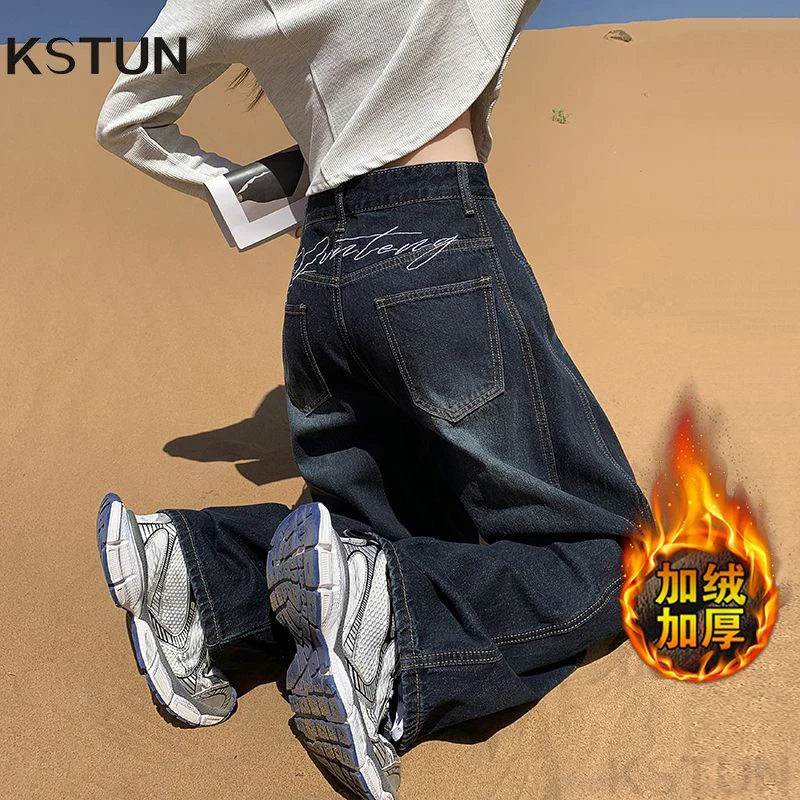 

KSTUN 2025 зимние флисовые женские широкие джинсы в стиле бойфренда, утепленные джинсовые брюки, винтажные лоскутные брюки с вышивкой