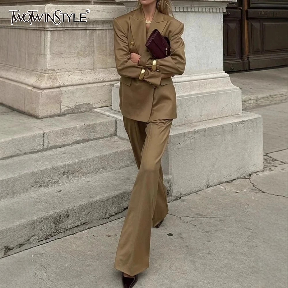 

TWOTWINSTYLE Solid Two Piece Set for Women Lapel Long Sleeve Coat High Waist Temperament Pant Elegant Sets Female