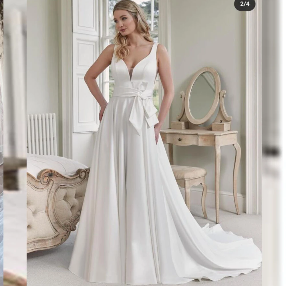 Robe De mariée en Satin pour femmes, Simple, élégante, sans manches, ligne a, traîne à balayage, dos ouvert, personnalisable, 2022