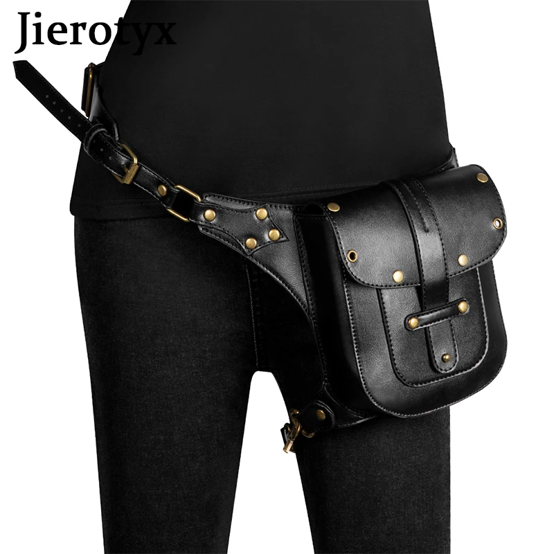 JIEROTYX Black Leather Waist Bag for Women Steampunk Retro Rock Gothic Chest Bags Pack Female Leg Bag Victorian Style