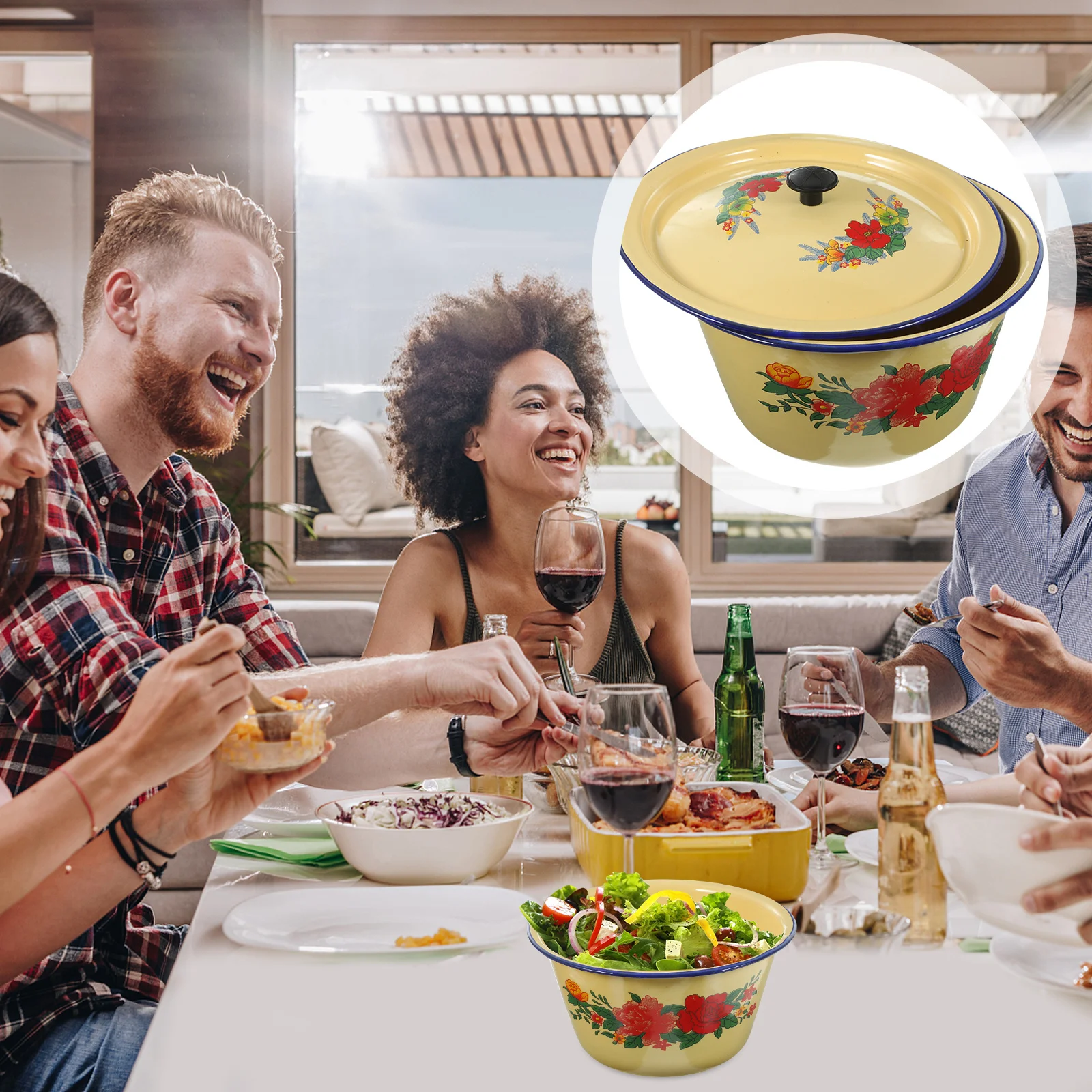 Vintage Emaille Waschbecken Retro Stil Schüssel mit Deckel für Küche Handwaschen kaltes Fleisch Lagerung Haushalt Topf Suppenbecken