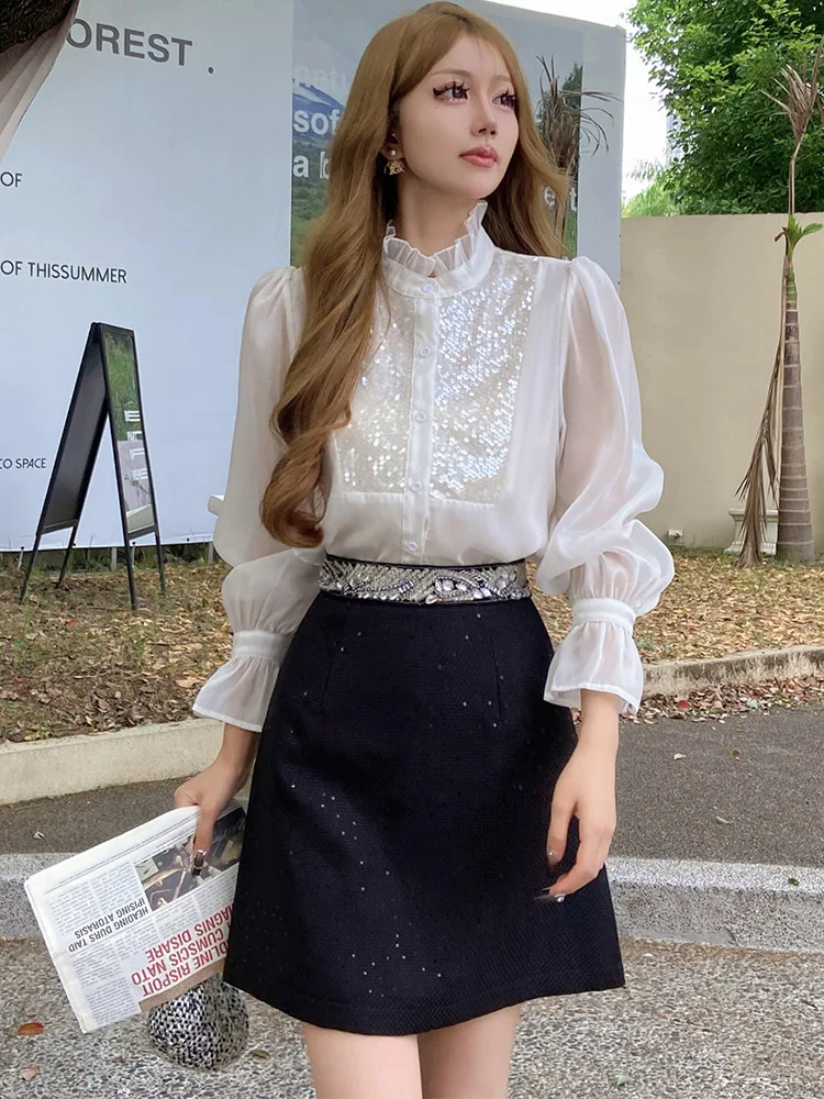 

Dabuwawa Tweed Embroidered Skirt Preppy Style Women 2023 New Collection Sequins Empire Korean Reviews Many Clothes DM1CSK016