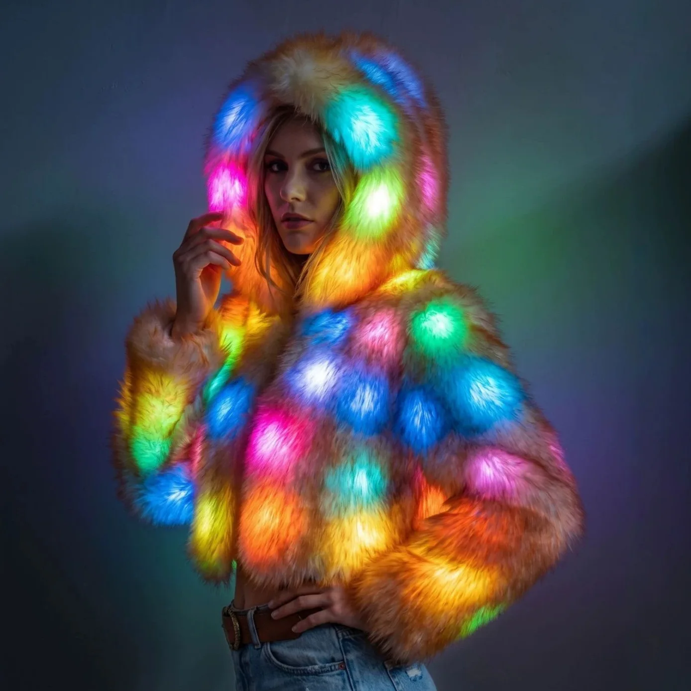 Abrigo de piel sintética con luces LED para mujer, chaqueta con capucha iluminada, ideal para fiestas rave, discotecas, Halloween, Navidad, disfraz, abrigo cálido de invierno.