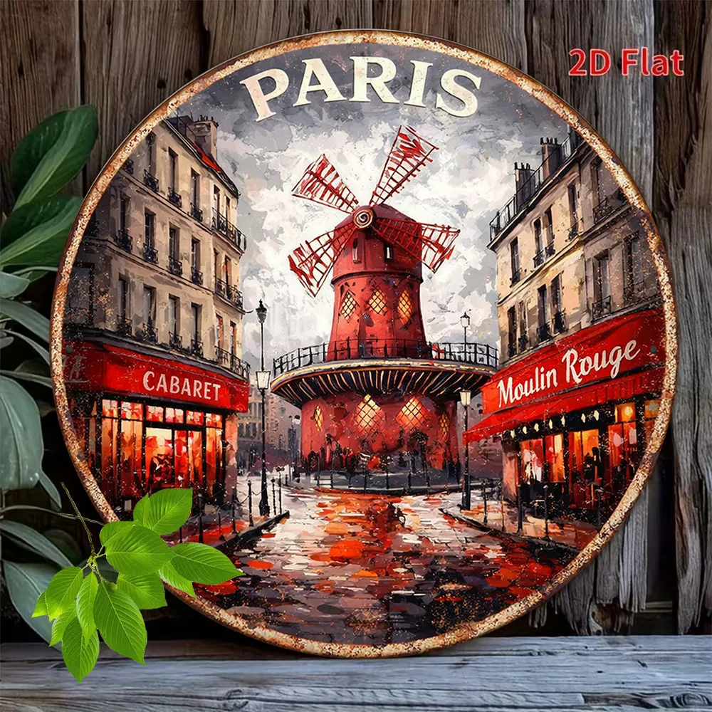1 unidade de placa redonda plana 2D, placa vintage sobre o cabaret Moulin Rouge, placa decorativa estilo parisiense