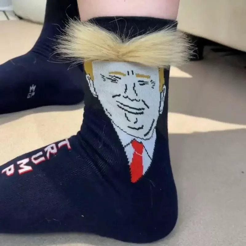 Funny and Funny Donald Trump Presidential Socks With 3D Fake Hair Round Neck Socks for Men's Street Clothing Hip Hop Socks