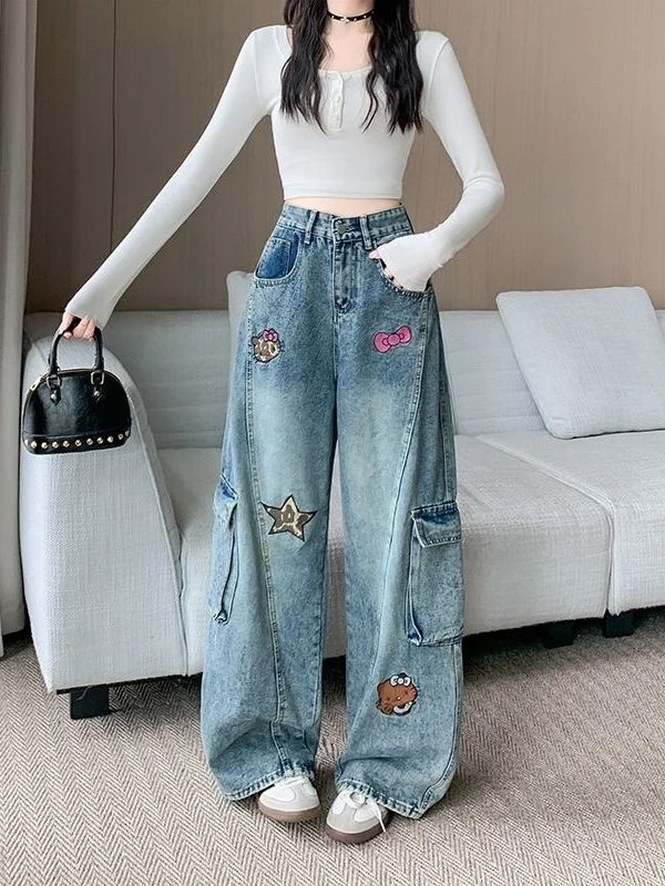 

Cartoon Embroidered Workwear Jeans Women's Summer 2026 Loose Slimming Wide Leg Pants High Waist Comfortable Breathable