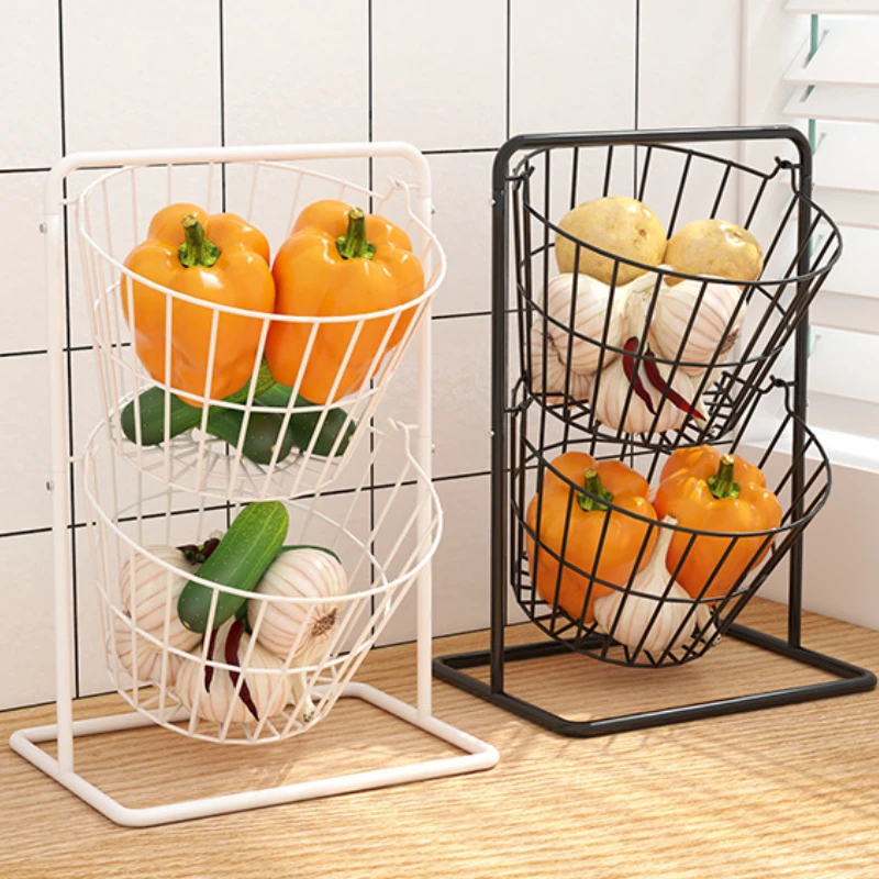 

Kitchen Double Layer Round Basket Storage Rack Cabinet Countertop Onion Ginger, Garlic Storage Basket Vegetable and Fruit Shelf