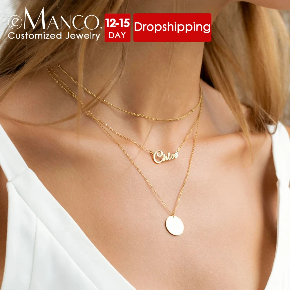 eManco Custom Name Jewelry Stainless Steel Ball Beads Chain Necklaces Multilayer Disc Necklace For Women Female Choker Gift