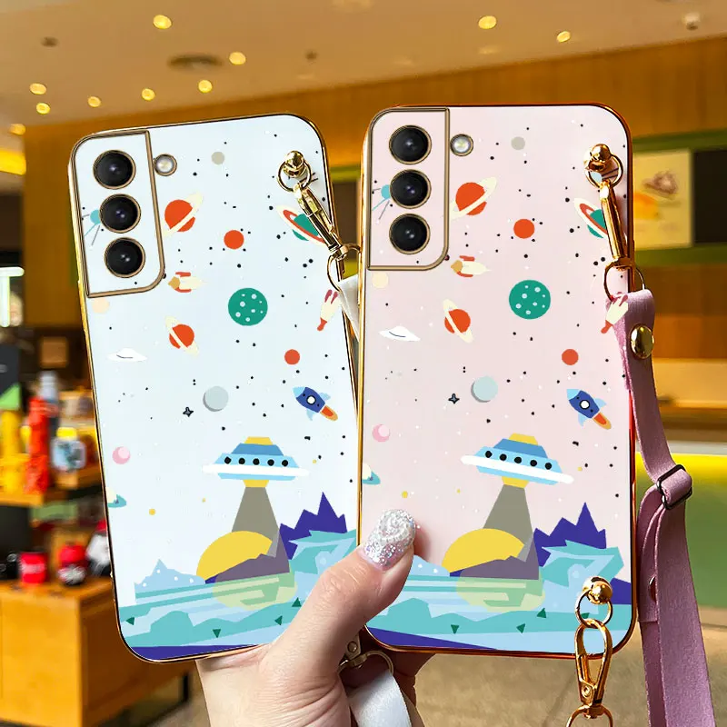 Sailing Spaceships Lanyard Plating Phone Case For Samsung Galaxy S21 S21Ultra S21Plus S21FE S30 S22 S22Plus S23 S20FE S20 Cover