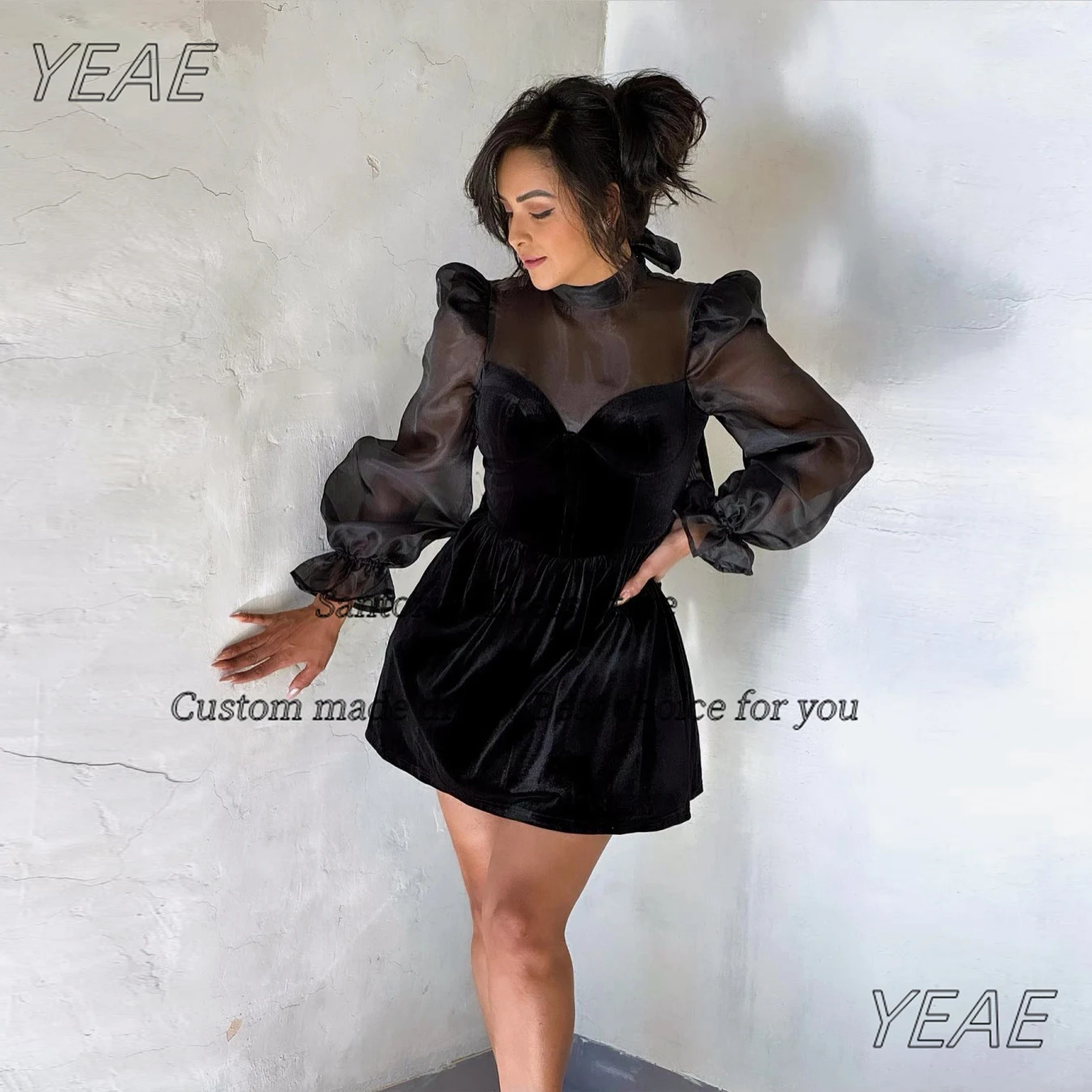 

Santorini Bespoke Black Velour Short Prom Dresses High Collar Organza Long Sleeves Homecoming Party Graduation Gowns Customized