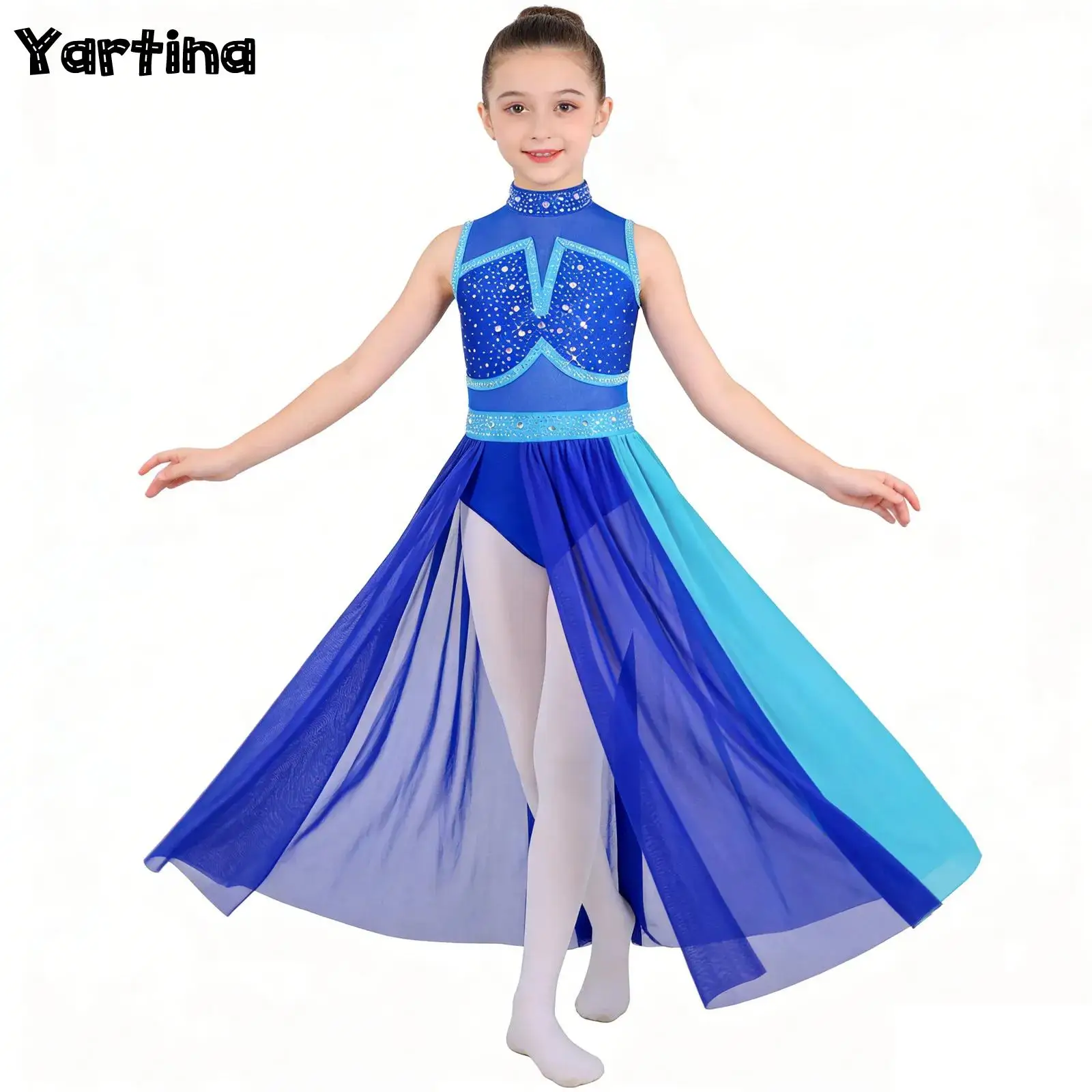 キッズガールズ体操バレエジャージーリリカルダンスドレスパフォーマンスコスチュームカットアウトバックシャイニーラインストーンスプリットメッシュマキシドレス