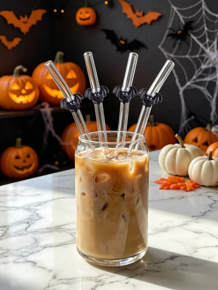 3/5PCS Halloween Glass Straw Spooky Bat Decor, Table Decoration for Cafe & Birthday Parties