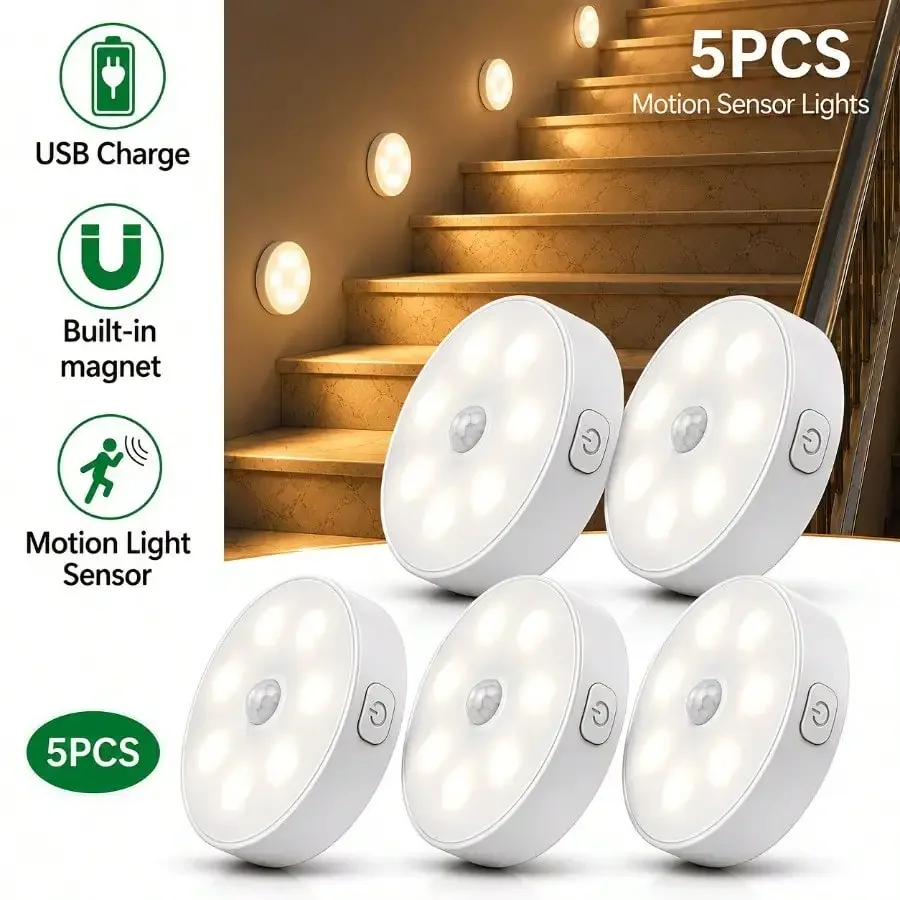 5-Pack Motion Sensor Night Lights With Touch-Controlled Stepless Dimming, USB Rechargeable LED Eye-Care Lights With Magnetic Installation, Suitable For Stairs, Hallways, Bedrooms, Wardrobes, And More