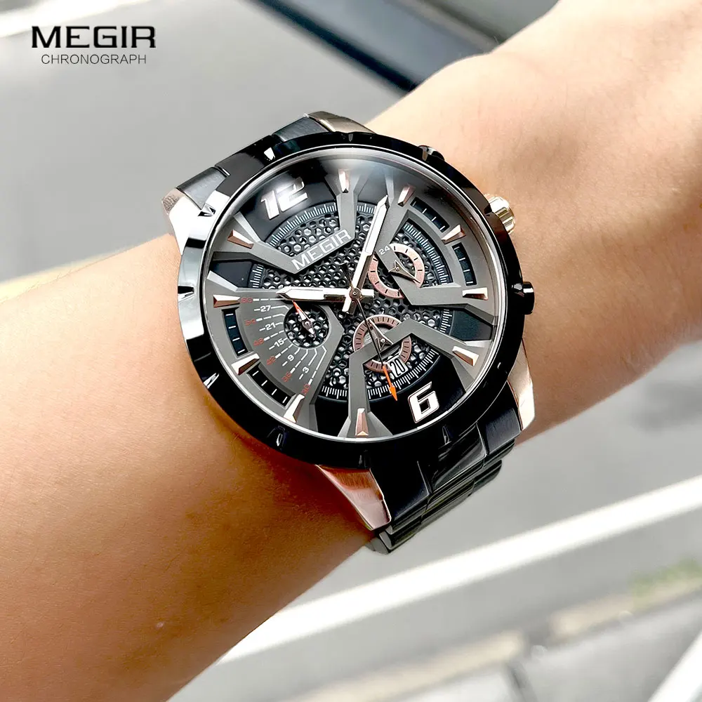 MEGIR Black Stainless Steel Watch Men Fashion Sport Chronograph Quartz Dress Wristwatch with Auto Date 24-hour Luminous Hands