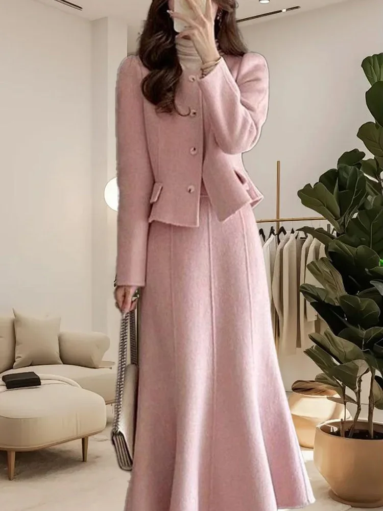 Temperament frauen Set Herbst/Winter Neue Stil Kleine Duftende Rosa Abnehmen Top Halb Rock Zwei Stück Set