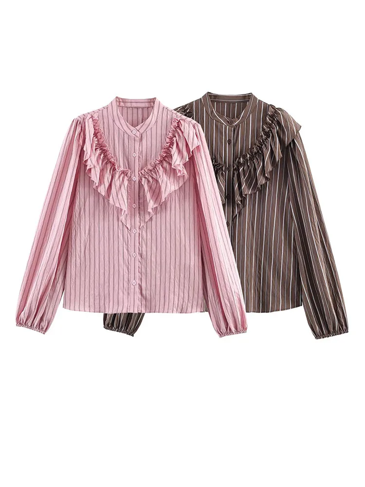 

HH 2026 Woman Fashion Single-button Ruffled Decoration Loose Slim High Street Tops Women Stripes Long Sleeves Casual Shirt Mujer