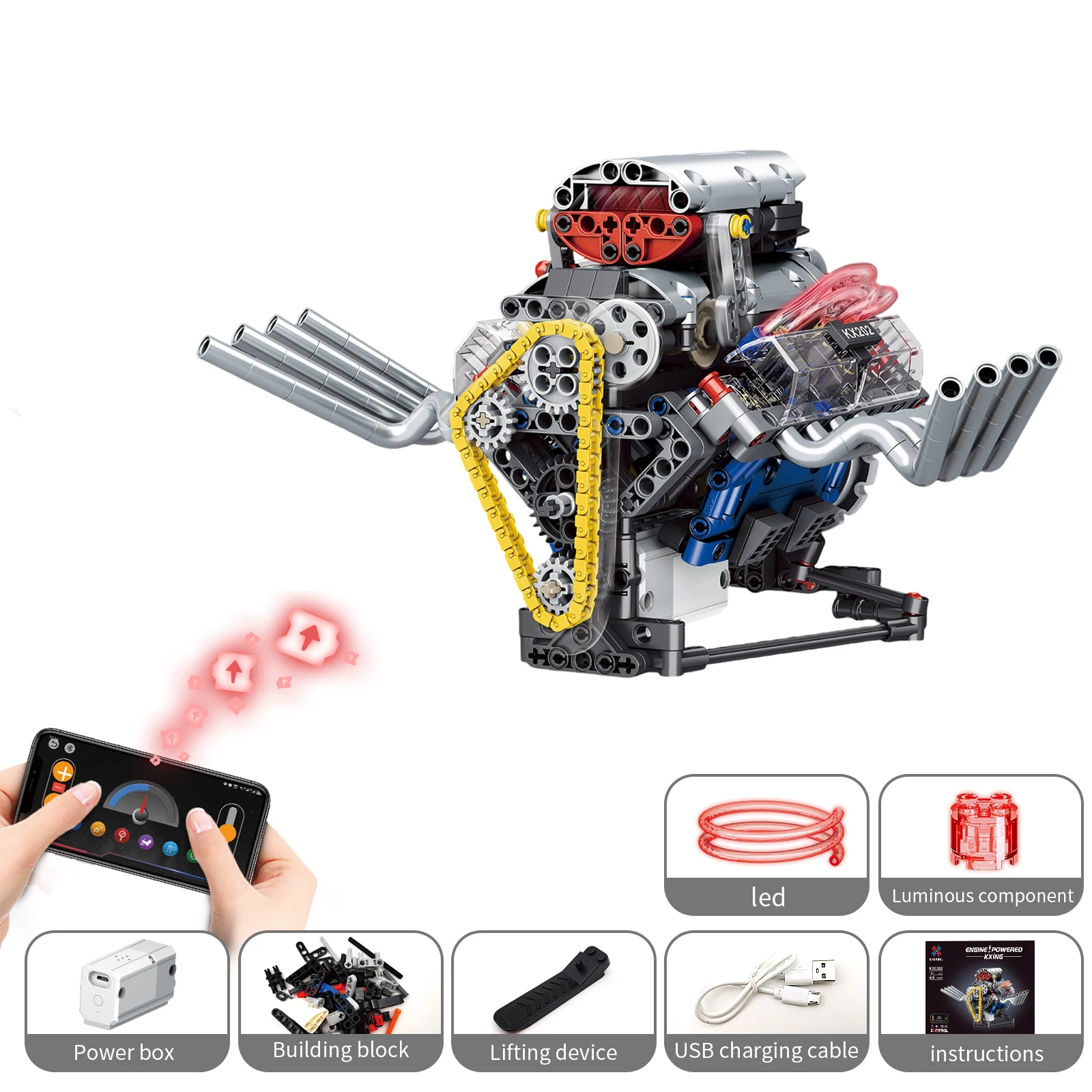 مجموعة مكعبات بناء محرك MOC التقنية V8 مع ضوء LED ونموذج آلية التحكم الآلي في التطبيق للبالغين #6