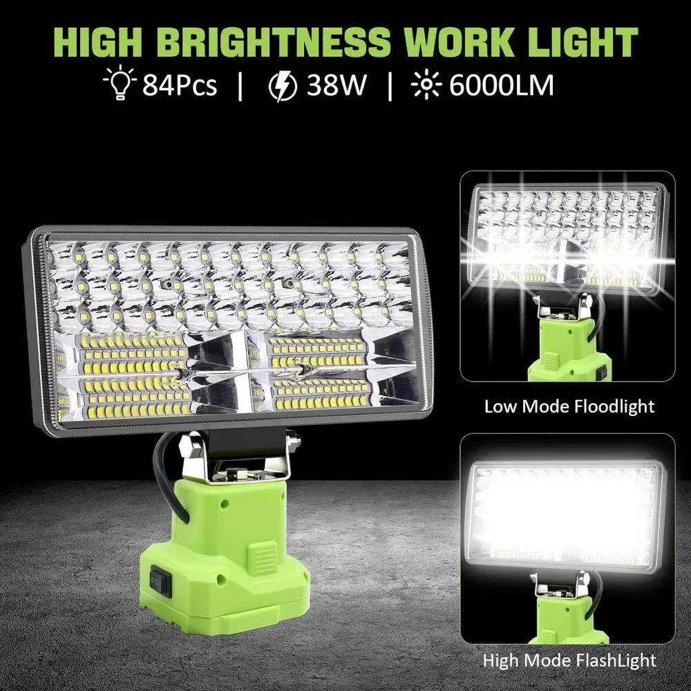 Imagem -02 - Lanterna Led sem Fio para Acampar Luzes de Trabalho Holofotes Portáteis Compatível com Ryobi Bateria 18v Modos 6000 lm 38w