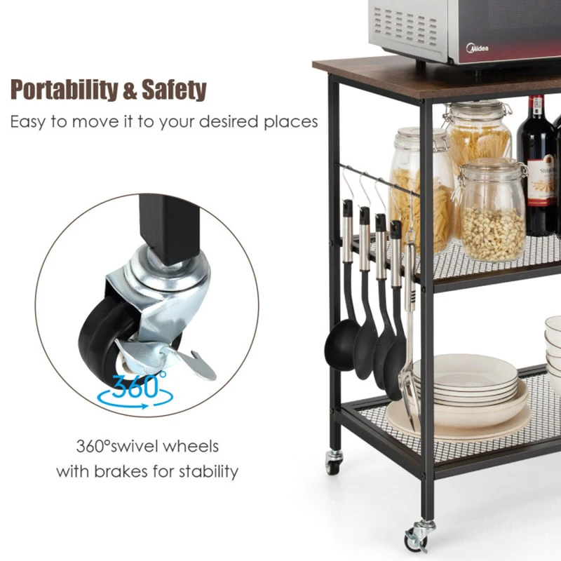 Durable Storage Rack 3-Tier Kitchen Serving Cart Utility Standing Microwave Rack with Hooks Spacious 3-tier Open Shelf Trolleys