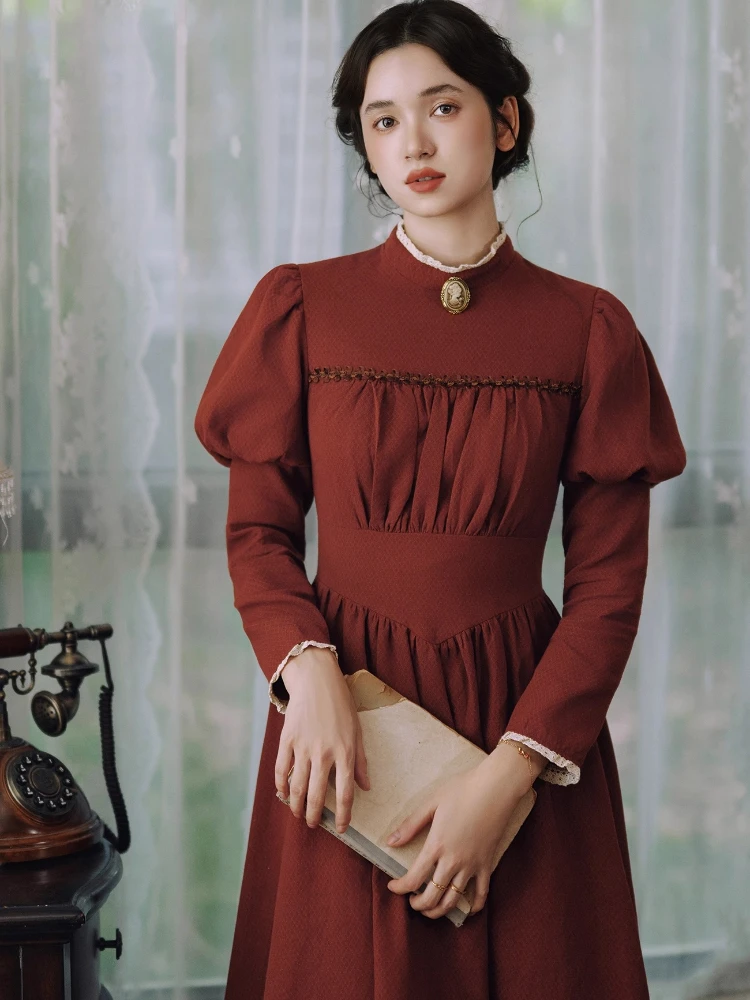 

86-98cm Spring Fall Long Dresses Women French Vintage Court Style Elegant Slim Stand Collar Long Sleeve 100%Cotton Red Dresses
